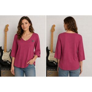 Fender size XL solid berry color embroidered logo v neck tunic top womens
